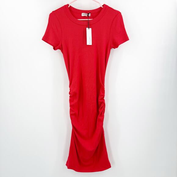 Michael Stars Katie Dress Size Medium NWT Ultra Ribbed Spritz Red 2582 Ruched - Picture 1 of 14